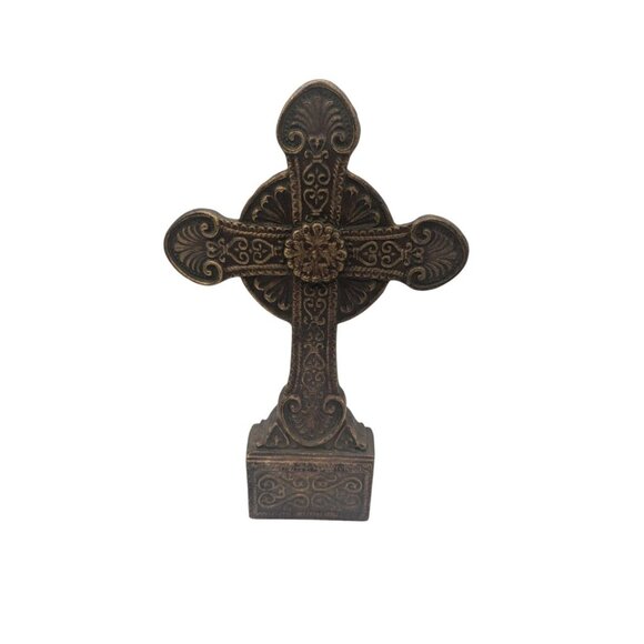 Antique-Style Decorative Cross Tabletop Ornate Resin Bronze Finish 12" Tall - Picture 7 of 12